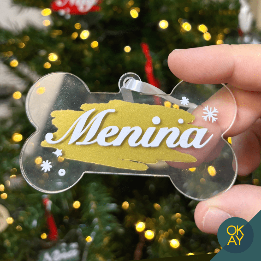 Ornamento Árvore Natal Osso Transparente Personalizado Nome